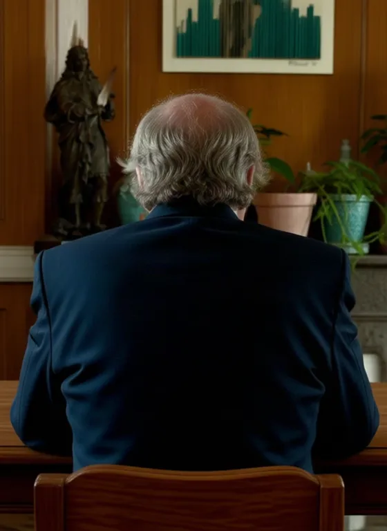 Michel Napalm de dos, assis face à son bureau