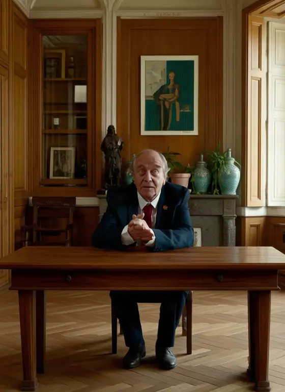 Michel Napalm assis face à nous, seul derrière la grande table de son bureau