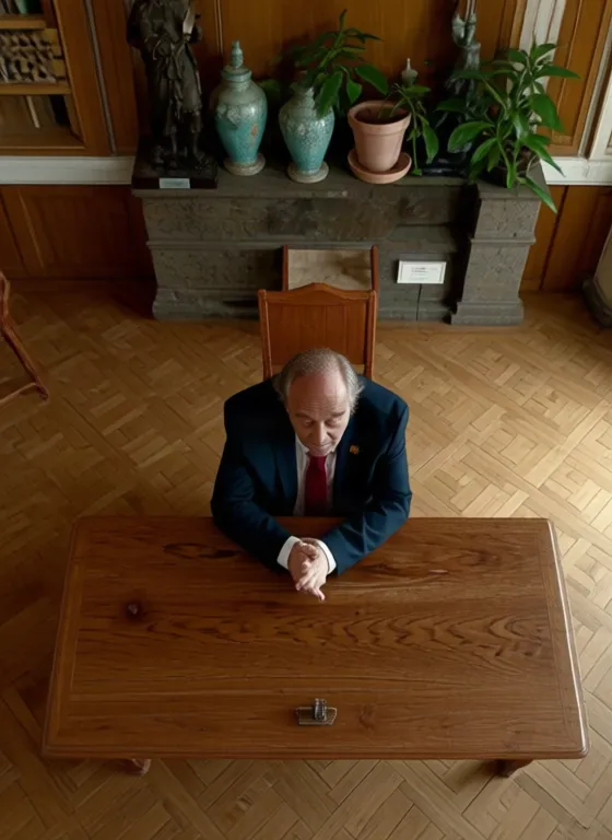 Michel Napalm vu de haut, seul à une grande table